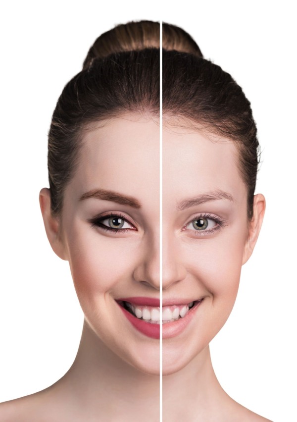 Frauengesicht in zwei Teilen - mit und ohne Permanent Make-up
